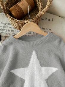 SHEIN Leap Crew Tween Girl Star Pattern Round Neck Drop Shoulder Sweater, Sibling Outfits - Multicolor - View 5