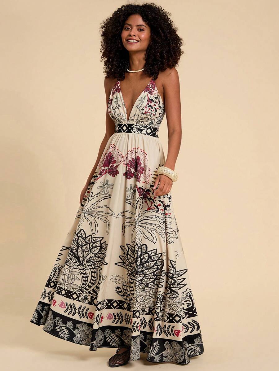 Travachic 女式度假编织花卉印花紧身露背高低下摆连衣裙 - 卡其色 - 查看 1