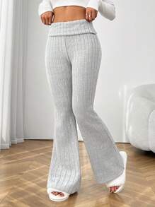 SHEIN PETITE 复合绒宽腰紧身弹力女士打底喇叭裤秋冬季保暖 - 灰色 - 查看 7