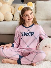 SHEIN Bộ đồ thường ngày 2 món cho bé gái tuổi teen - Bộ quần áo dài tay in họa tiết hình thoi & chữ cái tiếng Anh, mặc ở nhà thoải mái - Hồng - Xem 2