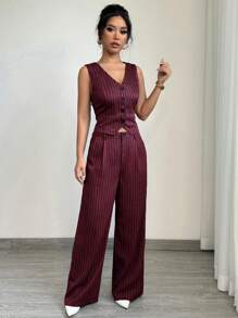 Elenzga 1set Women Casual Striped Blazer Vest + Women Casual Suit Pants - Burgundy - View 3
