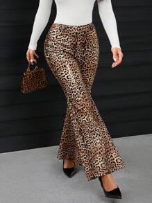 SHEIN SXY Pantalones acampanados de mujer con estampado de leopardo, otoño/invierno