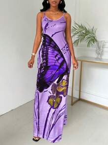 SHEIN SXY Đầm Maxi in hình bướm đơn giản mặc hàng ngày cho nữ - Màu tím - Xem 4
