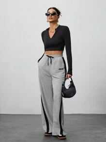 SHEIN Tall Women's Multi-Color Patchwork Sports Sweatpants Trousers - Grey - View 4