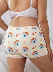 Mr Men Little Miss X SHEIN Pantis tipo hipster con panel de encaje y estampado completo para mujer de talla grande
