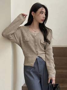 DAZY Áo khoác cardigan hở gấu đơn hàng khuy trơn màu cho nữ, thu đông, đêm giao thừa, áo dài tay, quần áo nữ mùa thu - Xám - Xem 7