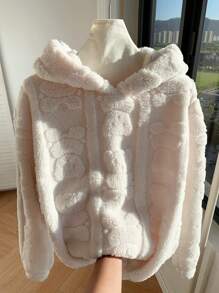 Comfortcana 1 件女式毛茸茸纯色连帽长袖运动衫，秋冬款 - 白色 - 查看 6