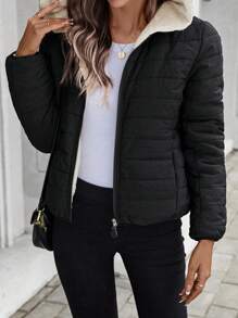SHEIN LUNE Women's Black Casual Street Style Lightweight Padded Short Jacket, Winter