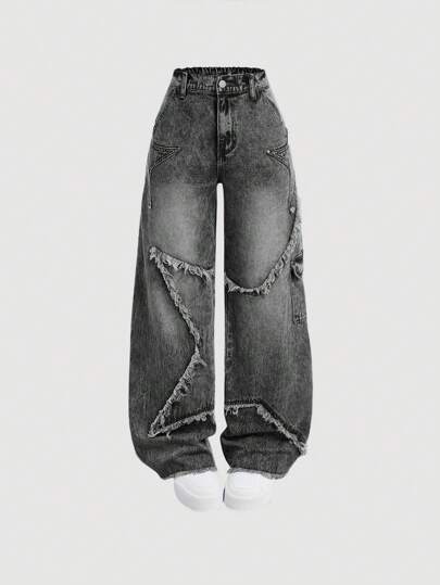 SHEIN Girlism Pantalones vaqueros sueltos de denim azul con estrellas bordadas y deshilachados, ropa de regreso a la escuela para adolescentes, prendas de vestir con pantalones vaqueros para niñas