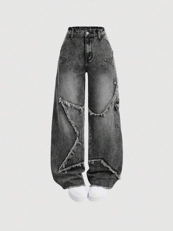 SHEIN Girlism Teen Girl Y2K Frayed Star Embellished Loose Blue Denim Jeans, Fall Back To School Clothes Outfits, Girl Denim Jeans Clothes