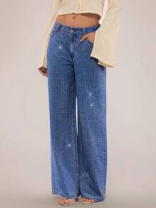 Forever 21 复古水洗散水钻细节直筒牛仔裤 春季服装 中腰牛仔裤 节日服装 夏季下装 水钻牛仔裤 - 中等水洗藍 - 查看 7