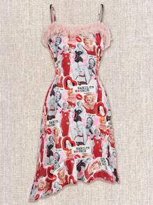 Marilyn Monroe X SHEIN Women's Red Sexy Monroe Figure All Over Print Contrast Patchwork Fluffy Trim Asymmetrical Camisole Night Dress Sleepwear Sexy Pajamas Sexy Party Dress Sexy Sleepwear Christmas Fall Women Outfits - Burgundy - View 7