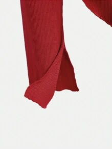 SHEIN Girlism Teen Girl's Red Crew Neck Long Sleeve Christmas Knit Sweater, Slim Fit Asymmetrical Slit Hem Base Layer Top, Suitable For Christmas, Thanksgiving, New Year