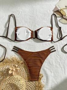 Swim Vcay Conjunto de bikini de 2 piezas de unicolor con tirantes tipo espagueti y volantes para playa de verano - Marrón - Ver 2