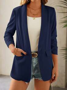SHEIN LUNE Women's Casual Solid Color Draped Collar Ruched Sleeve Blazer For Autumn - Navy Blue - View 3
