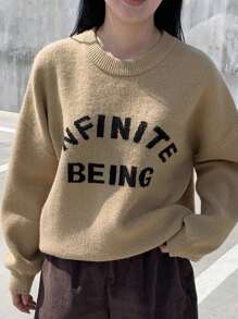 DAZY Colorblock Letter Print Round Neck Long Sleeve Loose Women Sweater - Khaki - View 5