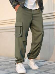Manfinity Streetrush Casual Straight Leg Multi-Pocket Loose Pants, Street Fashion Trousers, Cargo Pants, Boyfriend Gifts
