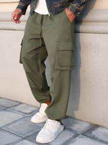 Manfinity Streetrush Casual Straight Leg Multi-Pocket Loose Pants, Street Fashion Trousers, Cargo Pants, Boyfriend Gifts