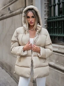 EURMUSE Beige Puffer Women Winter Coat With Zipper And Hooded Detail, Warm Clothes - Beige - View 1