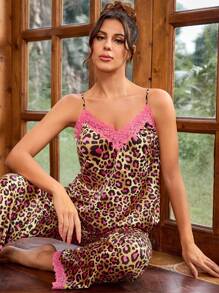 Taranthola Designer Women's Leopard Printed Lace Trim Satin Cami Top And Pants Sexy Pajama Set, For Holiday, Going Out - Brown - View 1