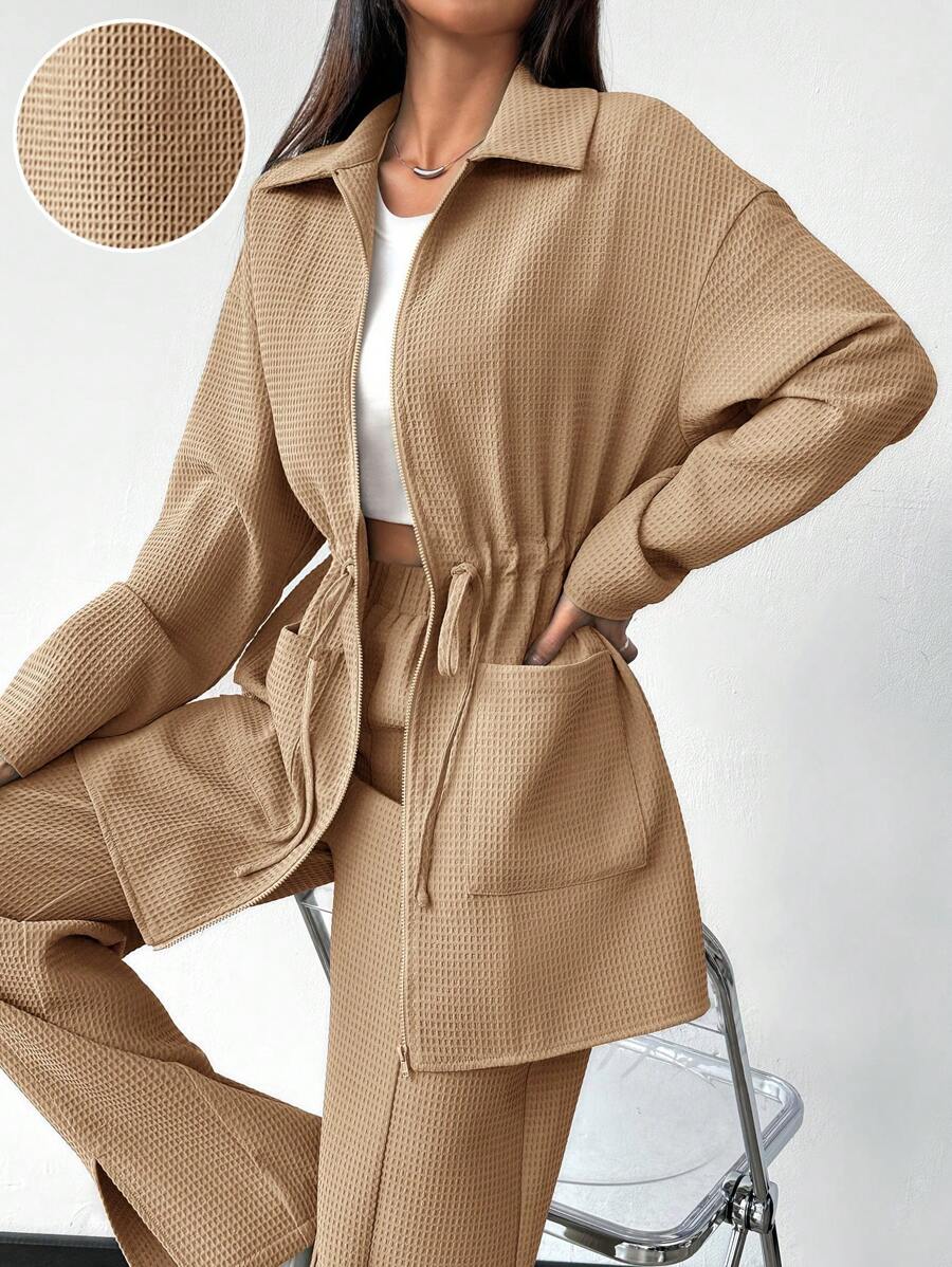 Mulvari 2 件套女士休闲纯色抽绳腰上衣和裤子套装，秋季 2 件套 - 卡其色 - 查看 1