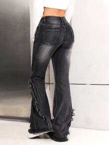 SHEIN Teen Girls Y2K Fashion Black Stonewashed Denim Flare-Leg Jeans Pants With Side Frayed Hem