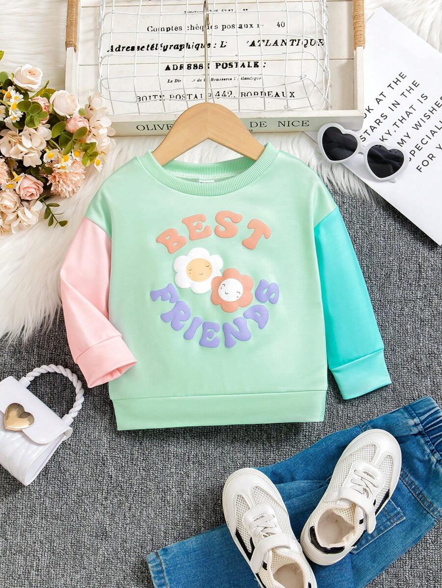 女童撞色花卉印花休闲套头衫，适合日常穿着和返校、秋冬季 - 彩色 - 查看 1