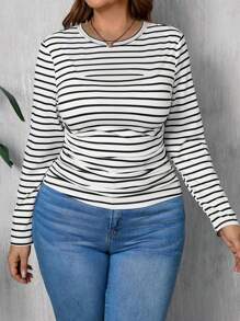SHEIN LUNE Casual Minimalist Black And White Striped Plus Size Round Neck Printed Long Sleeve, Suitable For Autumn/Winter