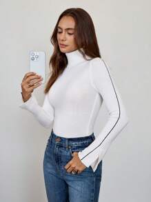 Chiquease 女士休闲高领撞色滚边开袖修身毛衣 - 白色 - 查看 4