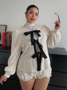 SHEIN Unity Plus Size Thick White Jacquard Knit Sweater With Puff Lantern Sleeves, Bowknot And Open Front Design, Suitable For Autumn And Winter - Apricot - View 5