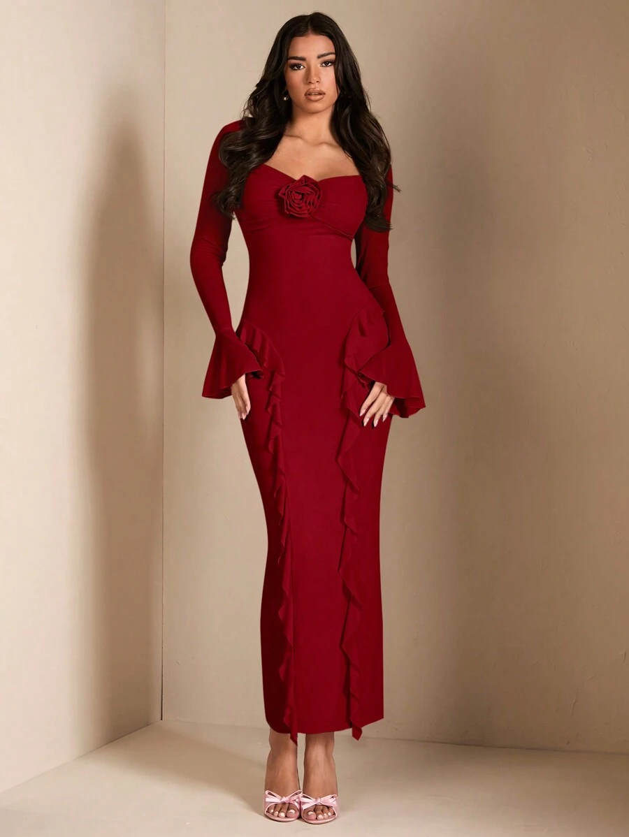 SHEIN BAE 优雅女士长袖修身衬衫，适合日常穿着、约会、外出、派对和聚会。秋季穿搭，秋季女装，秋季上衣。花卉3D装饰甜美粉色超长连衣裙，酒红色，适合新年、圣诞节和万圣节。