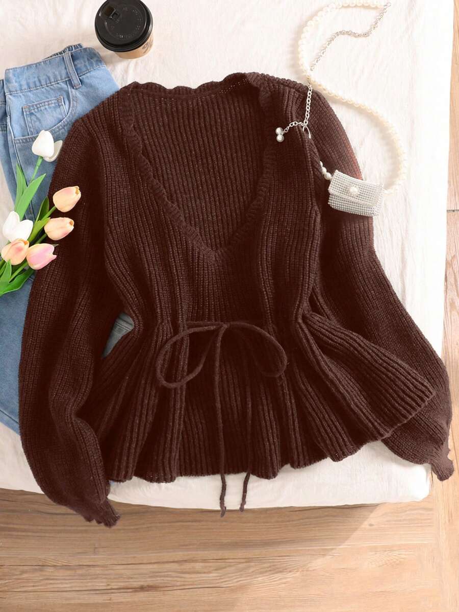 SHEIN Frenchy Plus Size Women Fall Wave V-Neck Off The Shoulder Pullover Sweater, For Winter - Brown - View 1