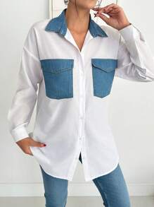 Cottnline 牛仔布口袋细节宽松白衬衫 - 藍白色 - 查看 3