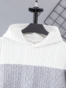 SHEIN Tween Boy Casual Long Sleeve Contrast Color Drop Shoulder Hoodie,In Fall/Winter - Grey - View 3