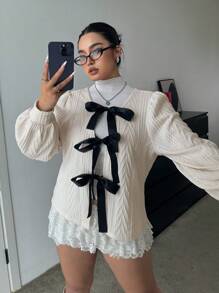SHEIN Unity Plus Size Thick White Jacquard Knit Sweater With Puff Lantern Sleeves, Bowknot And Open Front Design, Suitable For Autumn And Winter - Apricot - View 6