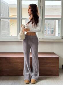 SHEIN EZwear High-Rise Flared Khaki Knit Trousers - Light Grey - View 3
