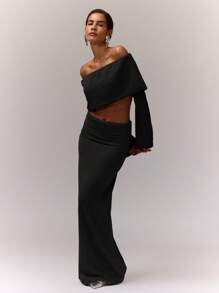 MUSERA 翻边针织长裙 夏季度假沙滩装 秋季返校季休闲裙 各种场合派对 - 黑色 - 查看 3