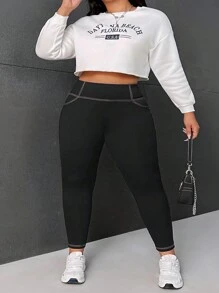 SHEIN CURVE+ Quần legging túi vá đường khâu phía trên Curve Plus Size - màu đen - Xem 4
