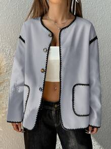 SHEIN EZwear 女式休闲宽松外套，带按扣前袋，秋季