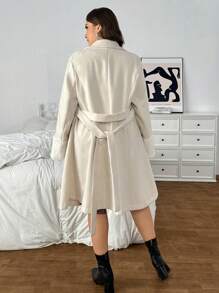 SHEIN Privé Plus Size Autumn/Winter Warm Fashionable Contrast Color Patchwork Lace-Up A-Line Short Overcoat - Apricot - View 2