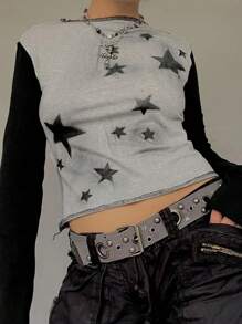 INAWLY Women Casual Autumn Colorblock Patchwork Star Print Cropped T-Shirt - Grey - View 3