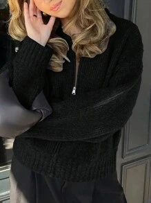 INAWLY Women Casual Solid Color Stand Collar Zip Up Cardigan, Autumn/Winter,Long Sleeve Tops Fall Cloth For Women - Black - View 3