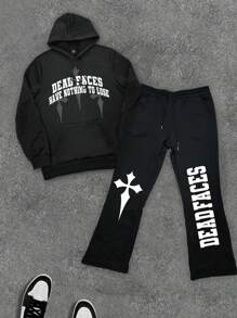 Manfinity EMRG Conjunto de sudadera con capucha con estampado de lema y pantalones de chándal con cordón en la cintura para hombre, conjunto informal