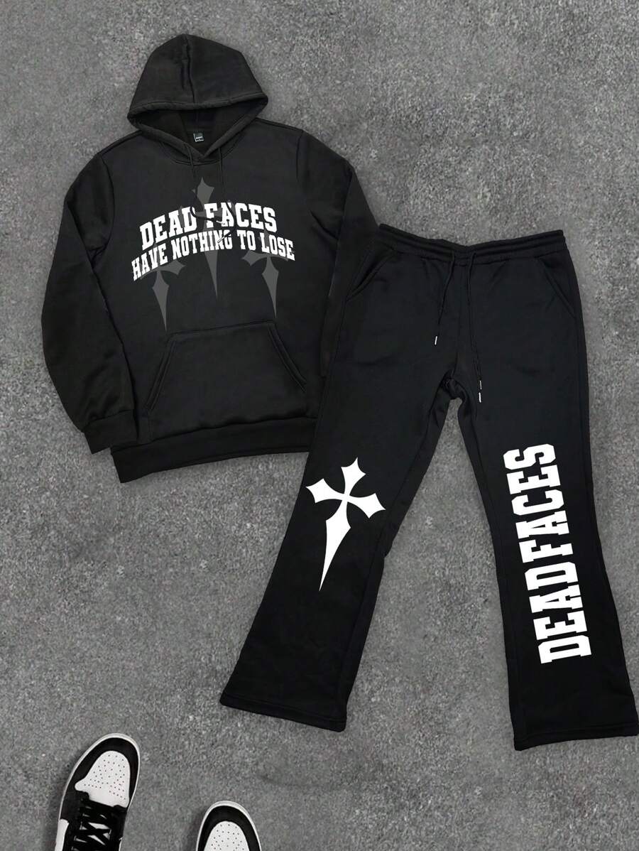 Manfinity EMRG Conjunto de sudadera con capucha con estampado de lema y pantalones de chándal con cordón en la cintura para hombre, conjunto informal