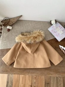 SHEIN LMoss Kids LMoss Baby Girl Khaki Hooded Jacket, Suitable For Back To School, Outdoor And Party Occasions, Autumn/Winter - Khaki - View 2