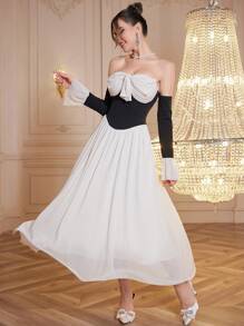 Modelyn 1 pièce Robe de soirée longue à épaules dénudées, nœud papillon, bloc de couleur contrastée - Nude - Voir 7