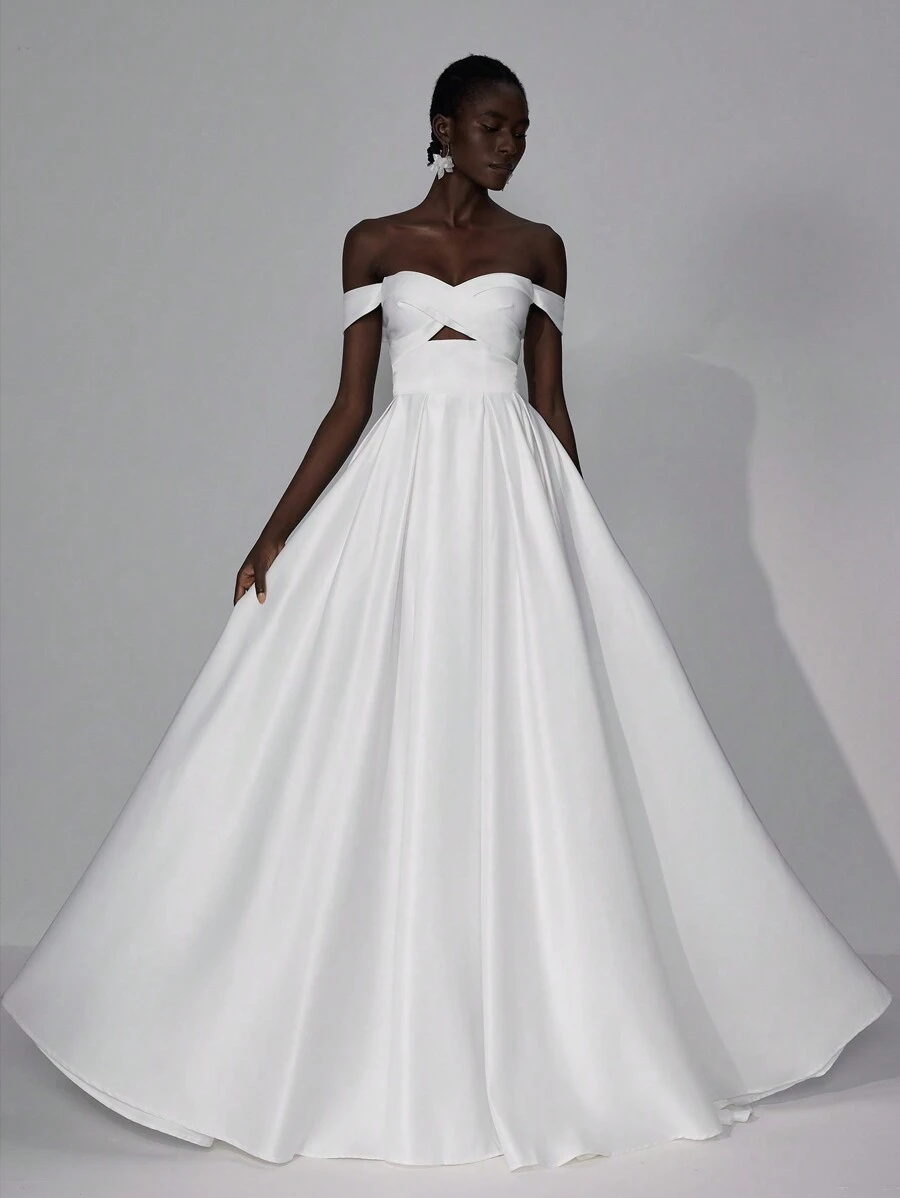 Elitara Elegant Luxe Champagne OffShoulder Back Tie Maxi Gown With