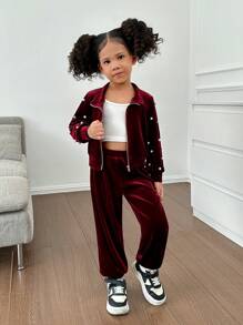 SHEIN 2 件套年轻女孩和幼儿女孩珍珠装饰天鹅绒运动衫搭配天鹅绒裤子的运动衫，女孩休闲秋冬装 - 紅色 - 查看 5