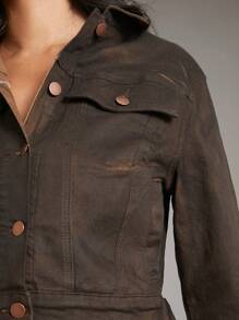 Denimoi Women Autumn Single-Breasted Flap Pocket Casual Denim Jacket - Brown - View 8