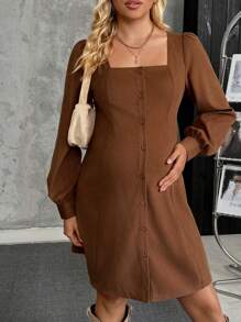 SHEIN 孕妇休闲纯色灯笼袖前扣连衣裙（秋季） - 咖啡 - 查看 1